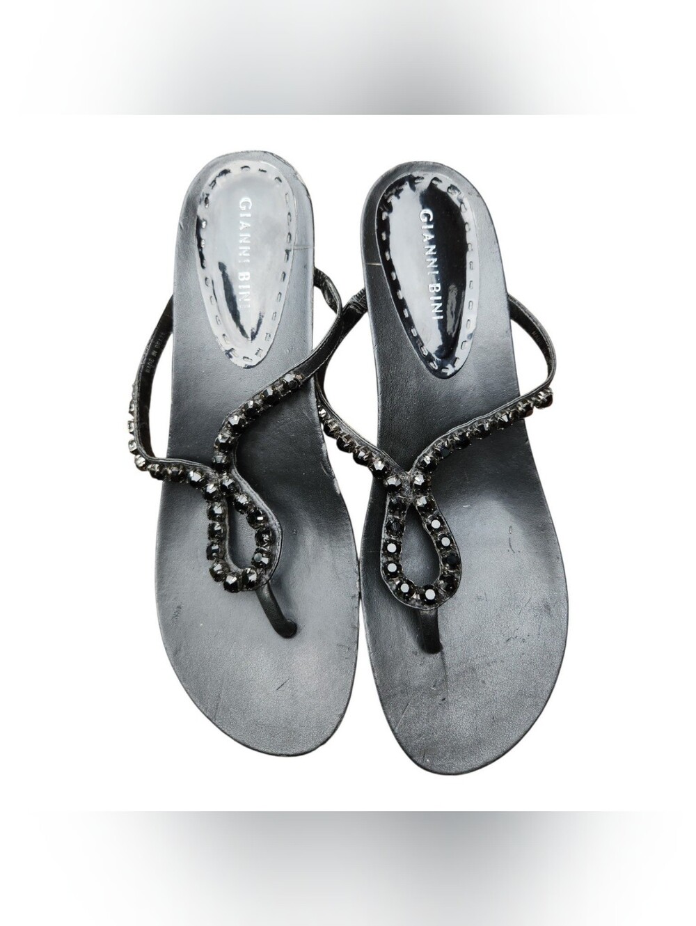 Gianni Bini black Rhinestone Thong Sandals Kitten Heel Womens 10M y2k vintage
